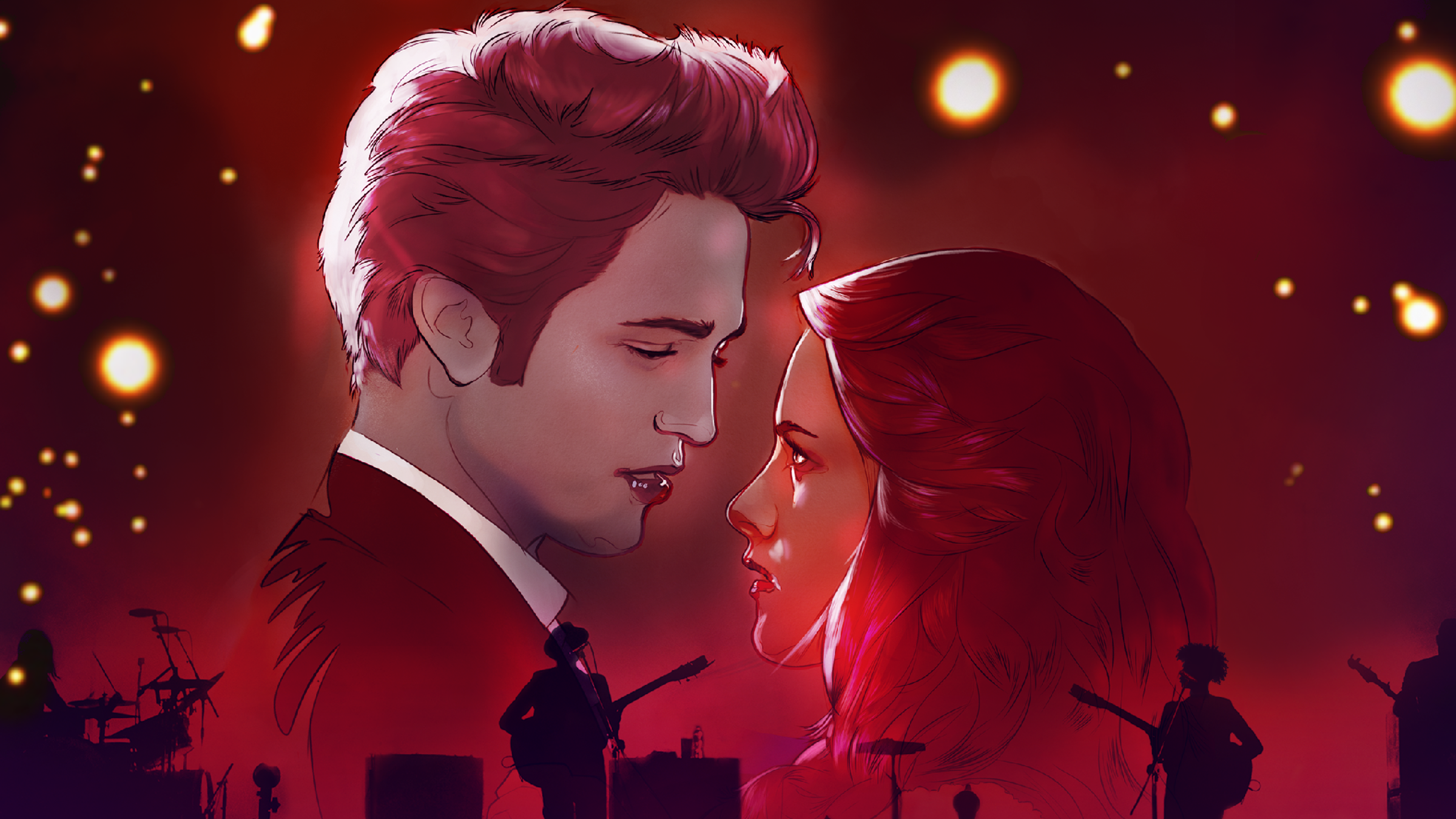 Twilight in Concert tour poster showing graphic of male and female cast looking into each other's eyes as backdrop with musicians silhouetted in foreground