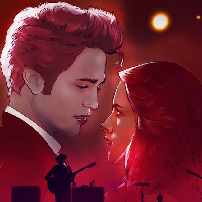 Twilight in Concert tour poster showing graphic of male and female cast looking into each other's eyes as backdrop with musicians silhouetted in foreground